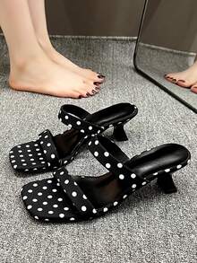 Women's High Heel Square Toe Summer New Polka Dot Fabric Slip-On Sandals Black Mid-Heel Woven Fabric Outdoor Slippers Elegant Minimalist Fashion Sandals - Black - View 6