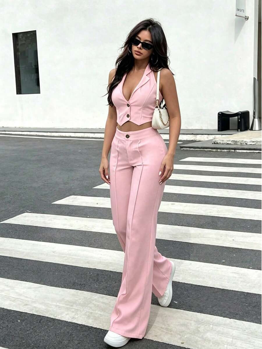 Buckle V-Neck Tank Top & Wide Leg Casual Pants Pink Set, Holiday Outfit, Commute Outfit Summer Elegant - Pink - View 1