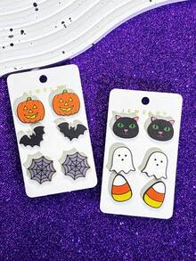 1 Set 3 Pares de Pendientes de Botón de Madera con Diseño de Dibujos Animados de Halloween, Pendientes Divertidos y Caprichosos de Maíz Dulce, Calabaza, Fantasma, Gatito, Murciélago y Telaraña, Set de Pendientes de Regalo Festivo para Mujeres - Multicolor - Ver 6