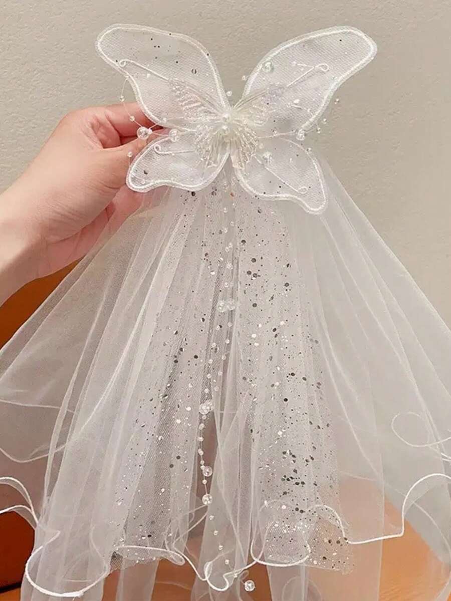 1件女孩仙女風白色珍珠蓬蓬薄紗蝴蝶結髮夾,適用於婚禮、度假、派對、田園場合 - 白色 - 查看 1