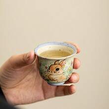1pc Vintage Coarse Ceramic Hand-Painted Floral Rabbit Owner Cup, Tea Tasting Cup, Elegant Tea Set Small Cup - Multicolor - View 9
