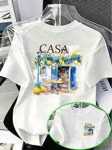 ChristmasAmerican Mediterranean Vacation Style CASA Letter Print-Shirt Men, Watercolor Lemon White Cottage Pattern Design,Hot Item - 白色 - 查看 1