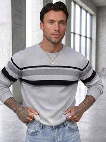 GRDR 1pc Men's Autumn/Winter Casual Striped Knit Sweater - Grey - View 3