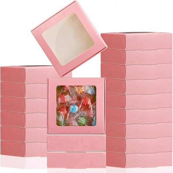 5/30/60 Peças Caixas de Papel com Janela, 2 Tamanhos Embalagem de Doces, Pequenas Caixas de Presente, Suporte para Sabonete, Exibição de Chocolate de Padaria, Joias, Embalagem de Mini Lanches (Rosa)
