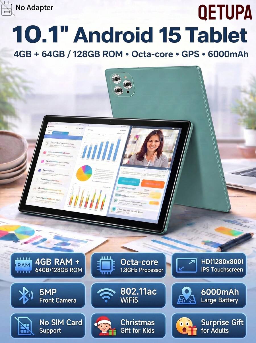 Qetupa M9-4 10.1 吋 Android 15 平板電腦，4GB RAM+64GB/128GB ROM，八核心 1.8GHz 處理器，HD(1280x800) IPS 觸控螢幕，BT 5.2&802.11ac WiFi5，GPS，5MP 前置鏡頭&13MP 後置鏡頭，6000mAh 大電池，不支援 SIM 卡(無適配器)