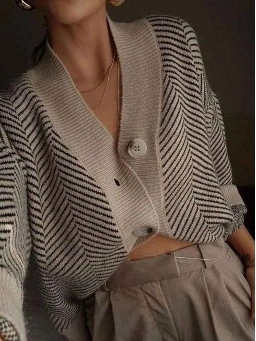 French Style Knitted Cardigan Slouchy Chic Black & White Striped Women's V-Neck Loose Fit Slimming Long Sleeve Sweater Autumn/Winter Versatile Button-Up Jacket - Multicolor - View 1