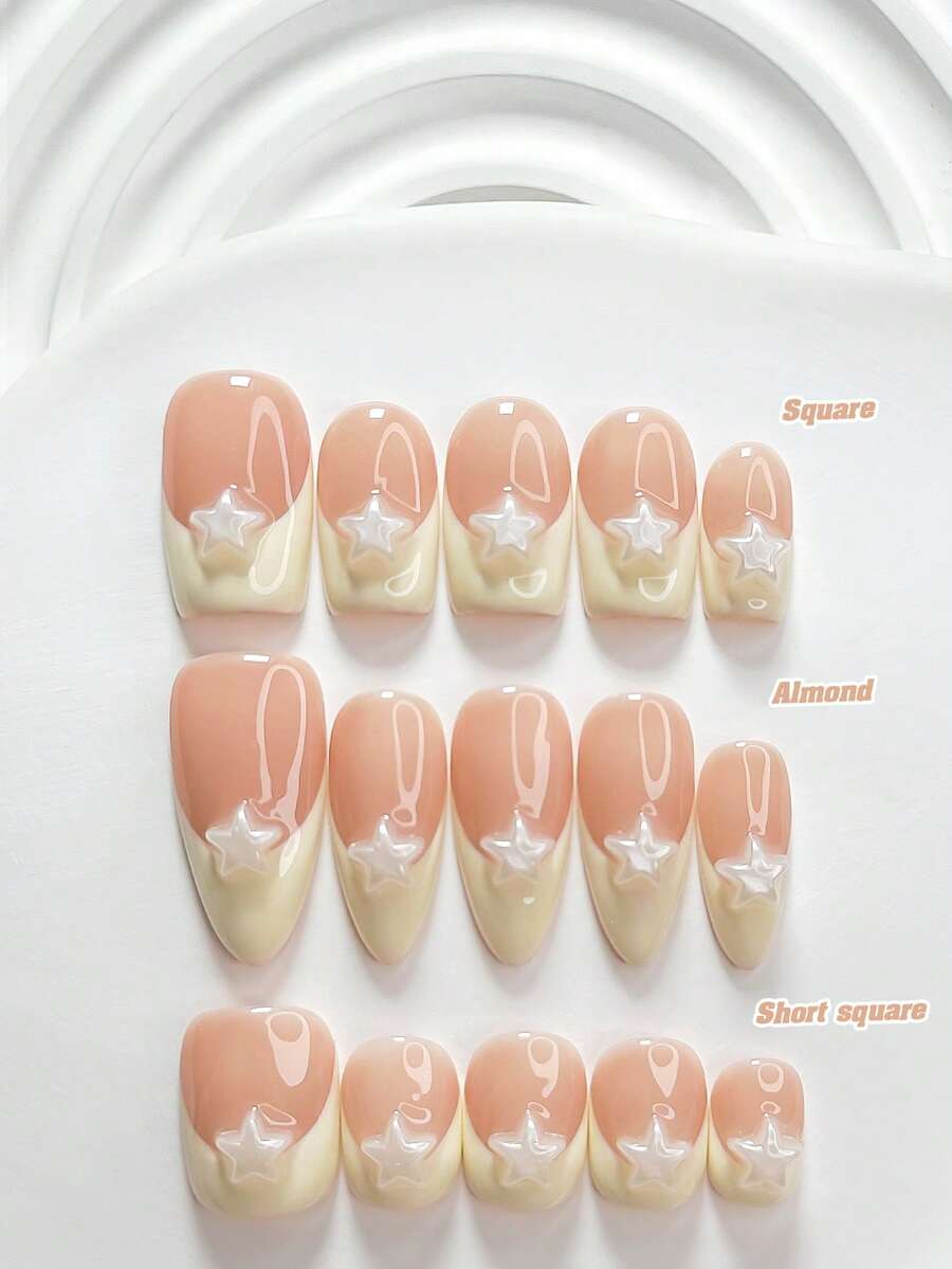 10片甜美風手工穿戴甲,Polygel美甲套組,白色珍珠亮面五角星黃色指甲油,獨特風格,含美甲工具,3種尺寸可選:方型、短方型、杏仁型,適合派對、跳舞、日常配戴 - 彩色 - 查看 1