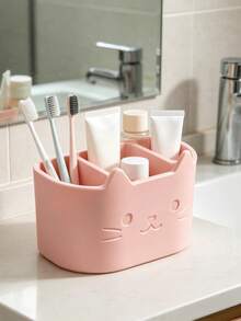 1pc Cute 3D Cat Shaped Multi-Compartment Plastic Toiletries Storage Box, Waterproof Wear-Resistant Non-Slip Base Design, Home Bathroom Toothpaste Toothbrush Skincare Desktop Organizer Shelf For Moms - Multicolor - View 1