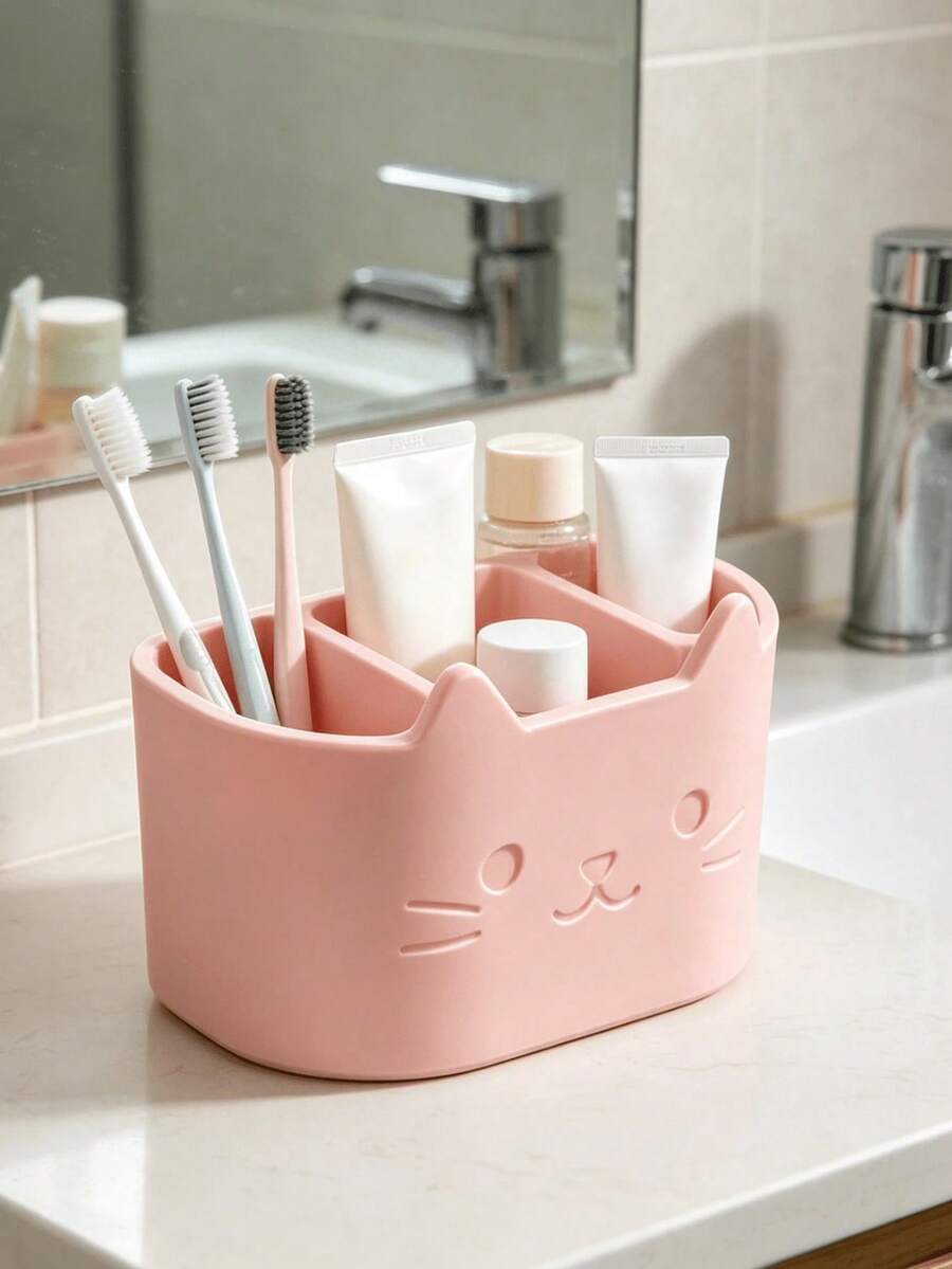 1pc Cute 3D Cat Shaped Multi-Compartment Plastic Toiletries Storage Box, Waterproof Wear-Resistant Non-Slip Base Design, Home Bathroom Toothpaste Toothbrush Skincare Desktop Organizer Shelf For Moms - Multicolor - View 1