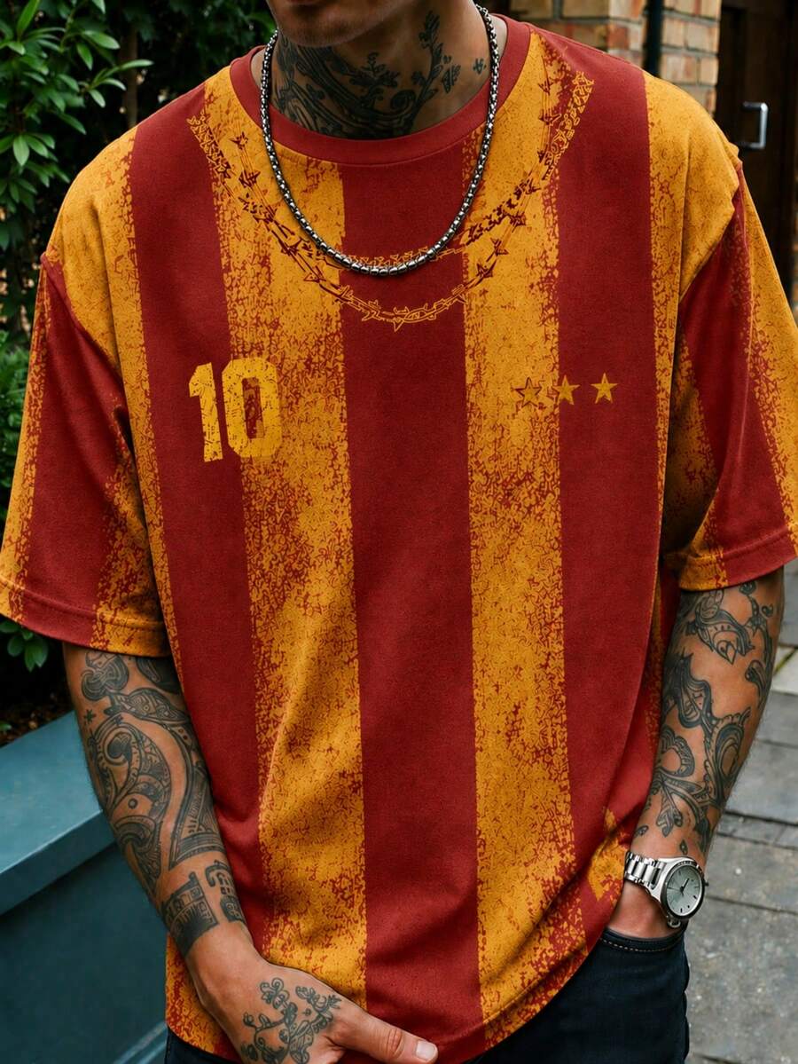 Fractyr Men's Vintage Spanish No.10 Three-Star Vertical Stripe T-Shirt, Red & Yellow Distressed Crew Neck Football Short Sleeve T-Shirt - Red - View 1