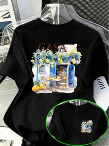 ChristmasAmerican Mediterranean Vacation Style CASA Letter Print-Shirt Men, Watercolor Lemon White Cottage Pattern Design,Hot Item - 白色 - 查看 6