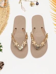 Evertop Surf Original Fashion dam-tåklämda flip-flops, handmålade med oljemålning, sjöstjärna, snäcka och strassdekor, mjuka sulor, avtagbar dekorativ kedja, present till semesterfest, strandfotograferingsrekvisita - Kaki - Visa 2