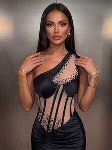 Asymmetric One-Shoulder Mesh Ruched Beaded High Slit Sexy Long Dress - Black - View 4