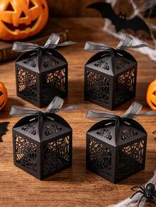10/20pcs Halloween Black Hollow Spider Web Pattern Gift Boxes Equipped With Decorative Ribbons, Premium Laser Cut Paper Packaging Cases, Ideal For Spooky Themed Party Supplies, Mini Ornaments, Tiny Decorations & Small Sundries Storage - Multicolor - View 1