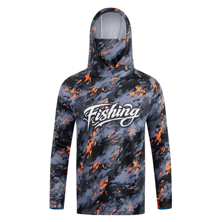 Men's Black & Orange Camo Hooded Fishing Shirt With Face Mask, Long Sleeve Sun Protection Top Sports Fall - Black - View 1