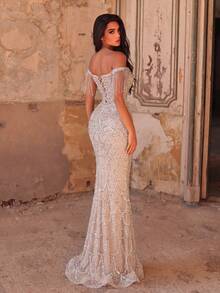 Luxury Off-Shoulder Mermaid Evening Gown With Tassel Accents And Sequin Embroidery Party Wedding - Champagne - View 3