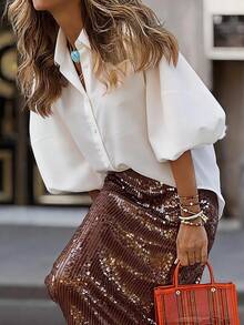 女款春秋日常辦公度假燈籠袖純色鈕扣開襟單件梭織布襯衫 - 白色 - 查看 3