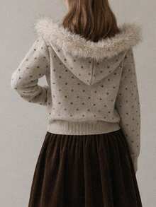 Women's Winter Casual Minimalist Vintage Pattern Striped Design Hooded Sweater Cardigan Jacket - Milk Coffee - View 2
