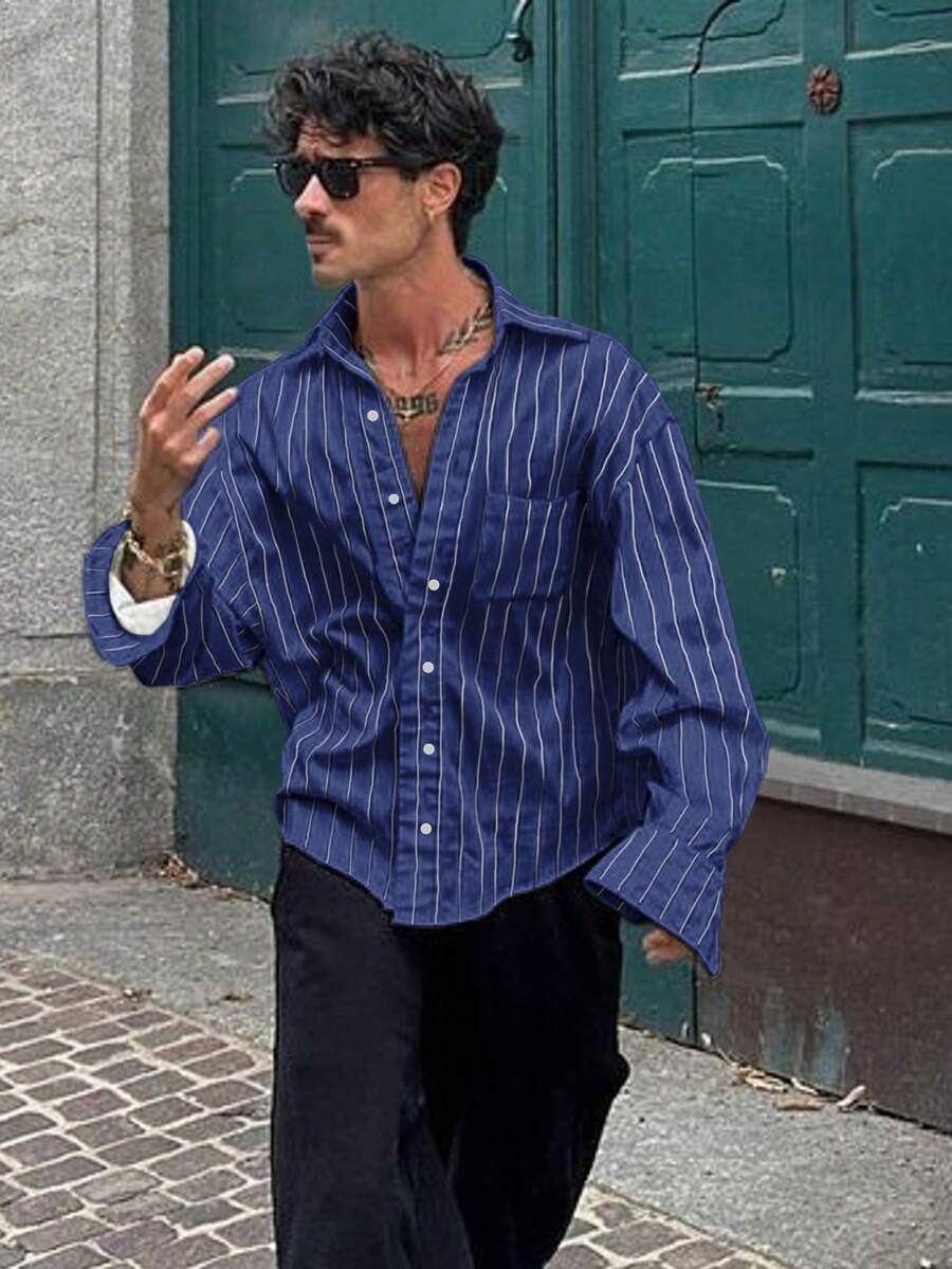 Men's Thin Striped Long Sleeve Shirt, Fashionable Casual Style Suitable For Spring And Autumn - Blue - View 1