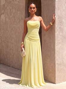 UNITHORSE Chiffon Halter Backless Dress For Evening Gown - Yellow - View 3