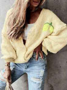 Women's Long Sleeve Knit Cardigan, Contrast Color Print, Casual Loose V-Neck Button-Up Sweater Jacket, Autumn/Winter - Yellow - View 2