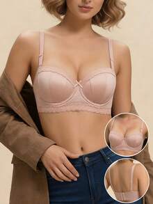 Women Thin Cup AB Cup Small Chest Push Up Bra, Prevent Sagging, Smooth Lace Bra Sexy Bralette, Lingerie - Pink - View 1