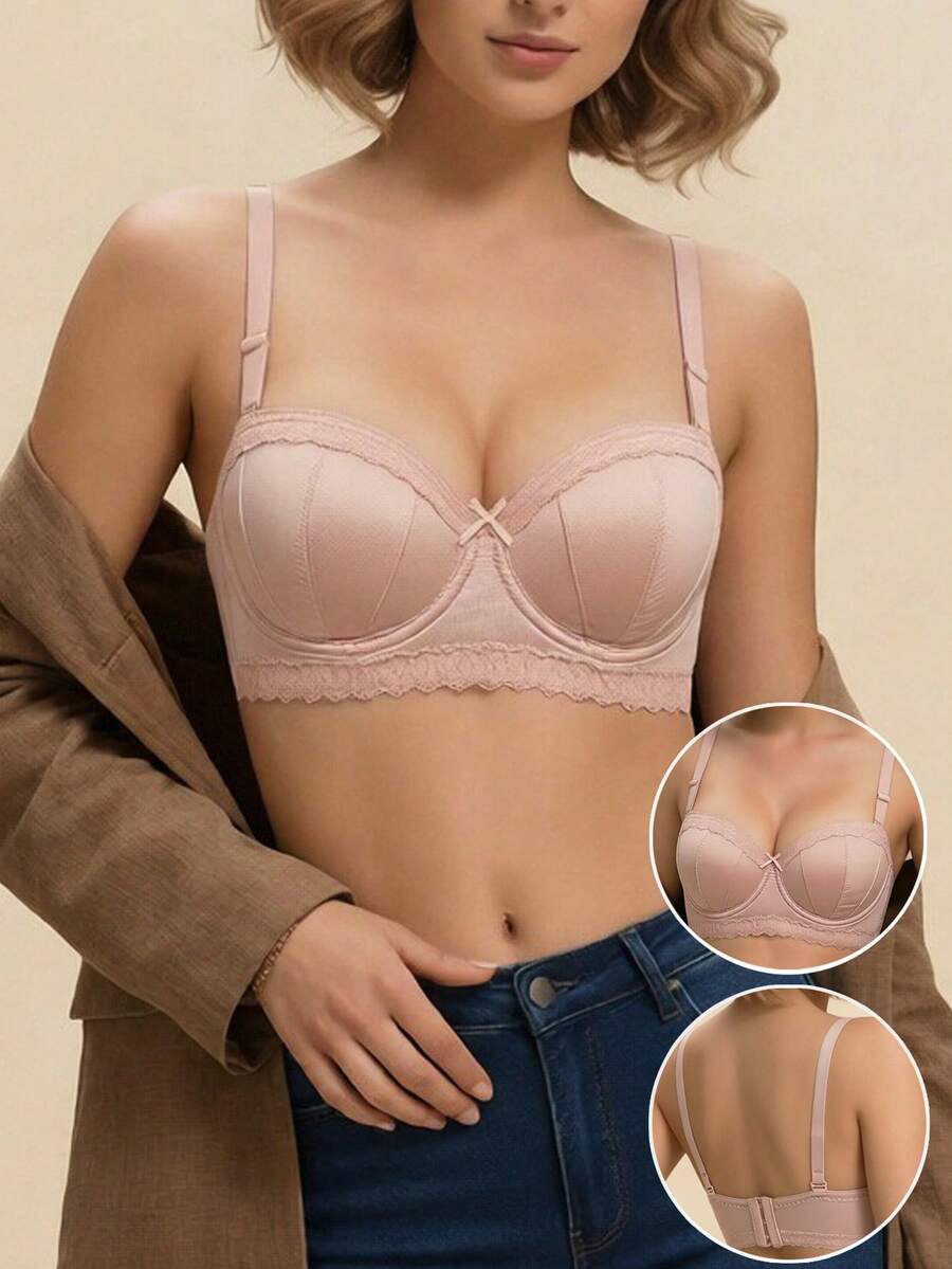 Women Thin Cup AB Cup Small Chest Push Up Bra, Prevent Sagging, Smooth Lace Bra Sexy Bralette, Lingerie - Pink - View 1