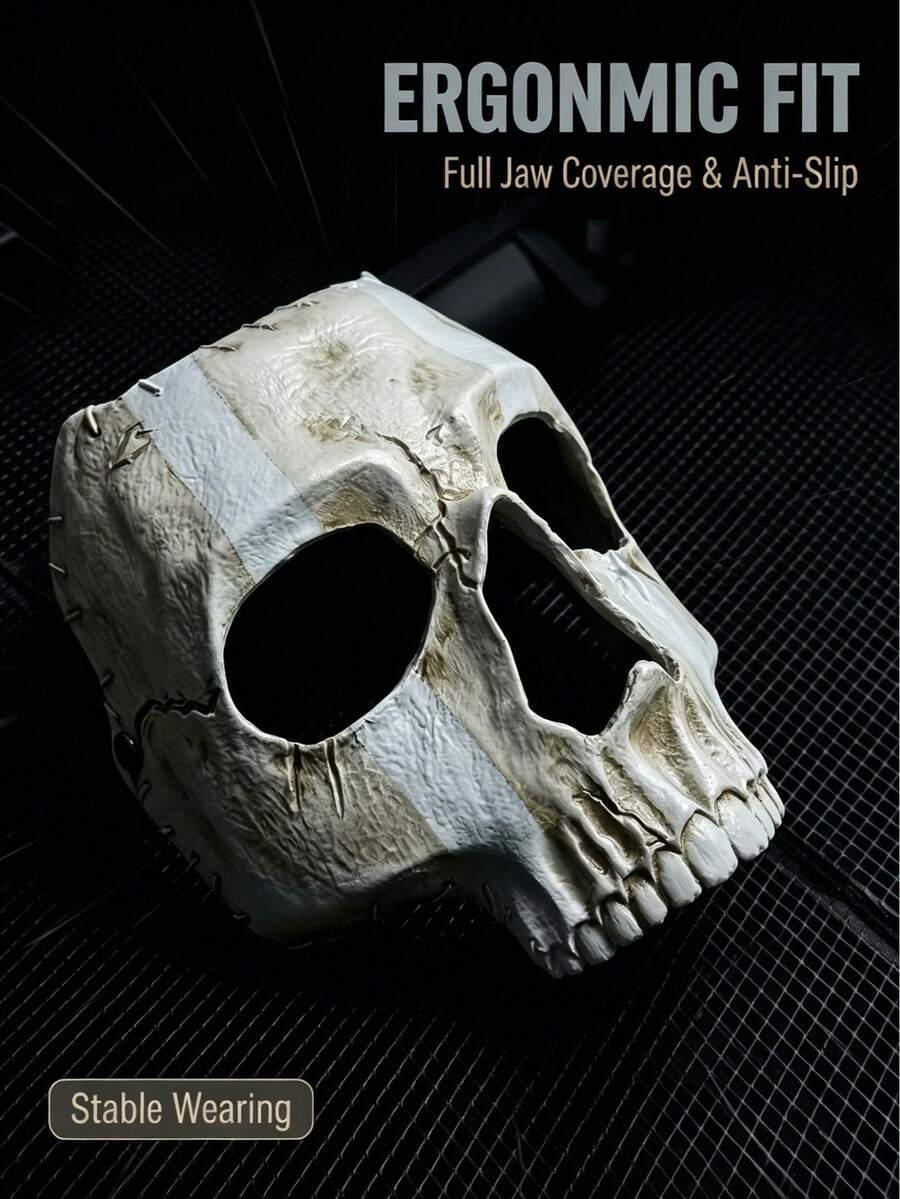 Ghost Skeleton Tactical Mask, White Striped Distressed Bone Half Face Mask, Latex Cosplay Mask For Costume, Halloween Party, Masquerade Cosplay Prop, Adjustable Buckle Comfortable Fit Full Head Mask, Suitable For Adult Men - View 1