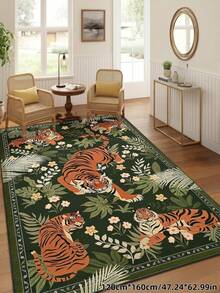 1pc Tiger Stripe Area Rug, Bohemian Style Washable Living Room Carpet, Vintage Soft Dining Room Rug, Non-Slip Wear-Resistant Large Rug, Suitable For Office, Bedroom, Living Room, Entryway Welcome Mat - Green - View 1