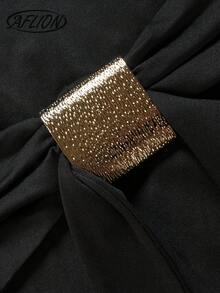 Damen Sommer Y2K schwarzes Maxi Meerjungfrau Kleid, Neckholder Bindung tiefer V-Ausschnitt Metall Schnalle Wickel Taille figurbetont Club Ausgehen Kleid - Schwarz - Übersicht 4