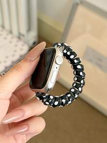 1pc Black Polka Dot Cute Elastic Hair Band Watch Strap Compatible With Apple Watch 38/40/41/42/44/45/46/49mm/S11-42mm/SE/11/10/9/8/7/6/5/4/3/2/1 Series, Women's Summer Hair Band, Cute Wristband, Suitable For Daily Casual Wear, Not Suitable For Sports, Smart Watch Accessories, Y2K - Black - View 6