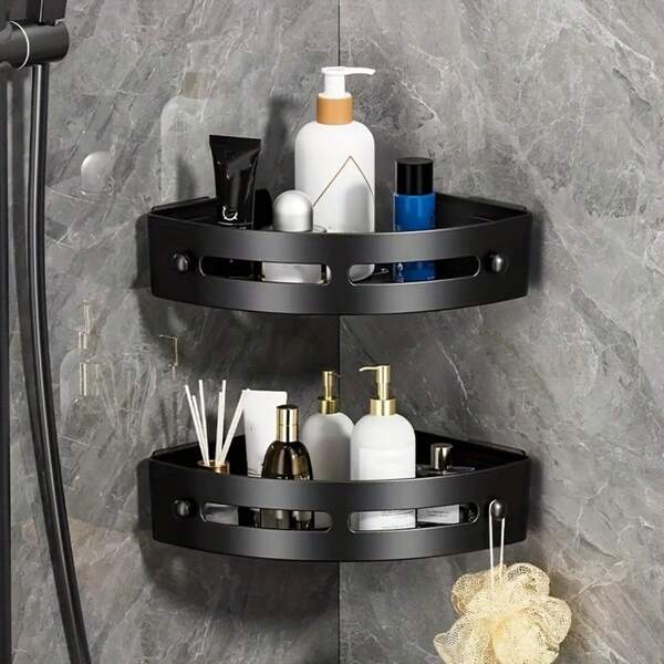2pcs Corner Shower Caddy - No-Drill Adhesive Bathroom Storage Rack, Wall-Mounted Shampoo And Toiletries Organizer, Waterproof And Rust-Proof Material, Free Adhesive Backing, With Drainage Holes And Side Hooks. Bathroom Storage Rack. Easter Gift, Mother's Day Gift