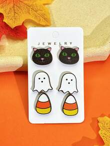 1 Set 3 Pares de Pendientes de Botón de Madera con Diseño de Dibujos Animados de Halloween, Pendientes Divertidos y Caprichosos de Maíz Dulce, Calabaza, Fantasma, Gatito, Murciélago y Telaraña, Set de Pendientes de Regalo Festivo para Mujeres - Multicolor - Ver 5