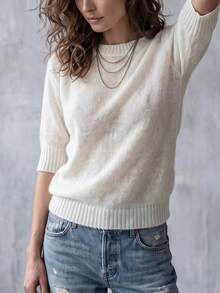 Women's Solid Color Round Neck Summer Soft Comfortable Minimalist Casual Fashion Versatile Knit Short Sleeve Top, Urban Style Daily Wear - White - View 2