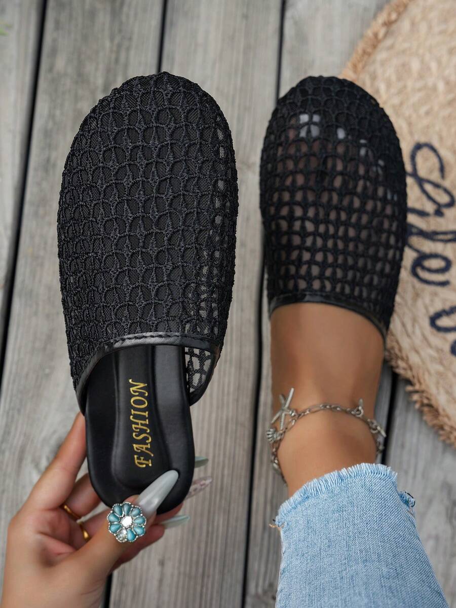 Women's Mesh Round Toe Flat Slide Sandals, Summer Beach Vacation Anti-Slip Slippers - Black - View 1