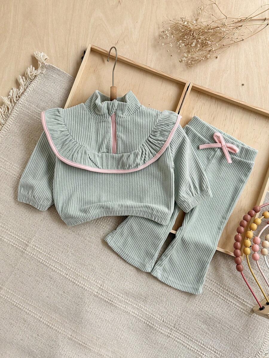 2Pcs/Set Baby Girl Soft Home Outfit, Lace Half-Zip Top And Bow Flare Pants Set