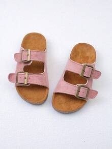 1 Pair Girls' Pink Solid Color Vintage Distressed Metal Double Buckle Decor Soft Cork Sole Non-Slip Breathable Open Toe Low-Top Double Adjustable Buckle Strap Flat Sole Casual Sandals For Home, Summer Outings, Back To School - Pink - View 7