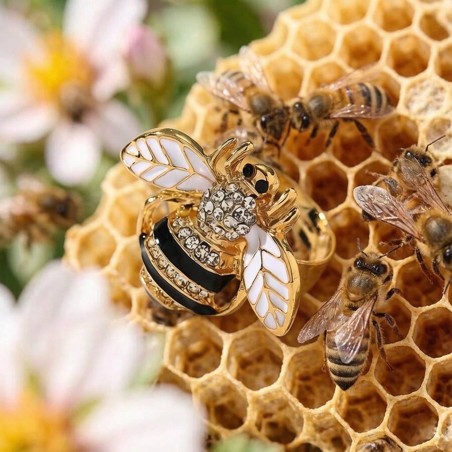 1pc Minimalist Bee Design Open Ring For Women's Daily Wear - White Bee - View 1
