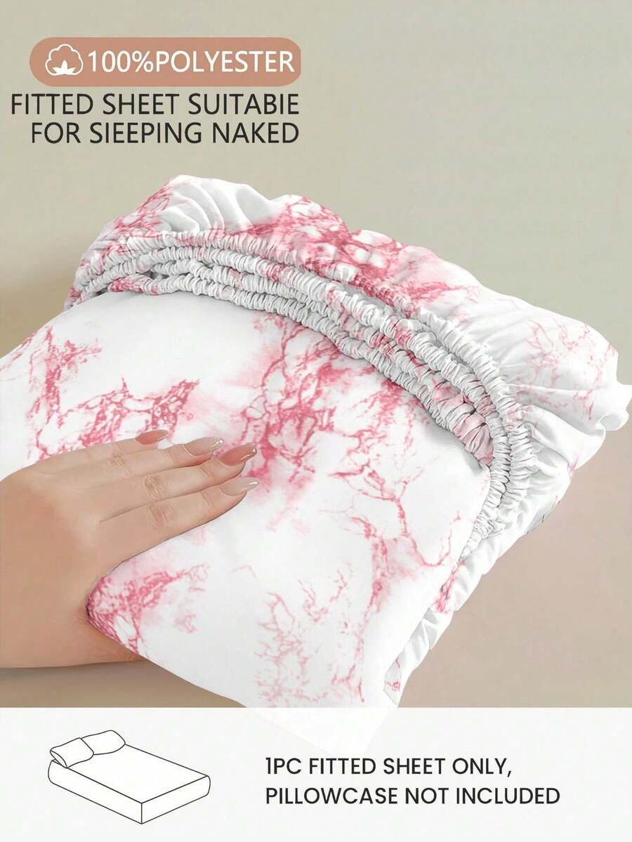 1pc Pink Marble Pattern Fitted Sheet, Mattress Protector, Mattress Cover, Fitted Sheet, Soft & Breathable, Fits All Bed Sizes - Twin, Full, Queen, King, Deep Pocket Up To 11.8 Inches, Machine Washable. Back To School Season, Dorm Essential - Pink - View 1