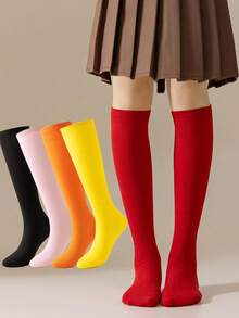 1 Pair Solid Color Knee-High Socks For Teenage Girls, Dance Performance Socks, Polyester Knit Fabric, Simple Versatile Comfortable Casual Socks, Suitable For 9-16 Years Old All Year Round - Multicolor - View 1