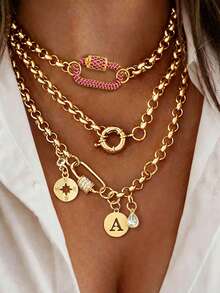 1pc Gold Round Initial Necklace, Luxury Textured Chain With Letter And Unique Octagonal Pendant, Exquisite Holiday Party Gift For Women - Yellow Gold - View 1
