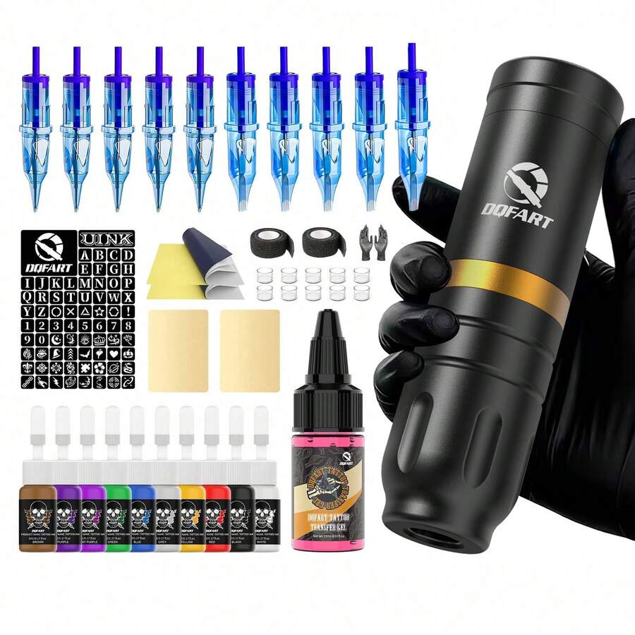 DQFART Complete Tattoo Starter Kit Tattoo Gun, Includes Full Set Of Accessories, Including Practice Skin, Ink, Needles, Suitable For Home DIY Tattoo Art