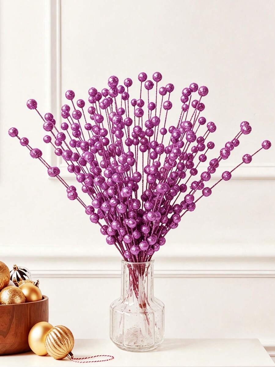 100/50pcs Purple Artificial Berry Stems, Glitter Beaded Faux Flower Branches For Wedding Party Decoration, Suitable For Home Living Room, Dining Table, Small Vase Decor, DIY Wreath Handmade, Bridal Bouquet Accessories, Autumn Decoration Supplies - Purple - View 1