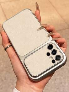 奢華荔枝紋皮革軟質防震手機殼，適用於 Galaxy S26 Ultra S25 Ultra S24 Ultra S23 Ultra S22 Ultra，大窗設計，銀色邊緣電鍍保護殼 - 白色 - 查看 3