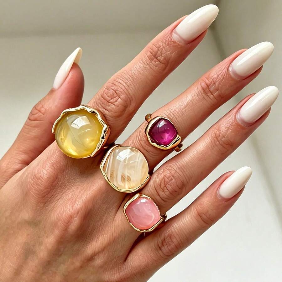 European And American Cross-Border Fashion Ins Colorful Gemstone Inlaid Ring, Vintage Round Gradient Resin Open Stackable Ring - Gold - View 1