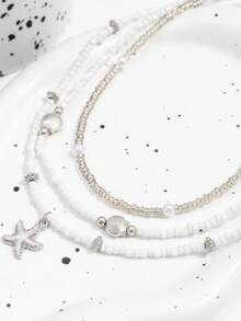 3pcs Bohemian Style Beaded Necklace Set - Starfish + Beads + Combination, Super "Beach" Style Multi-Layered Chain, Can Be Worn Individually Or Layered, Bohemian Style Jewelry For Daily Wear And Vacation, Beach Style Jewelry - Silver - View 3