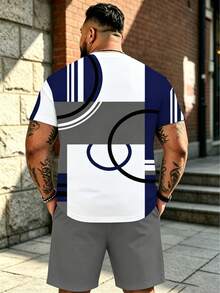 2pcs/Set Plus Size Big & Tall White, Blue & Gray Geometric Patchwork Top + Gray Shorts, American Street Minimalist Colorblock Geometric Print Outfit Summer Sports - Blue - View 2