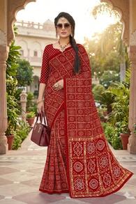 Estationeryhouse Bandhani Square Print Saree With Unstitched Blouse Piece - Maroon - View 1