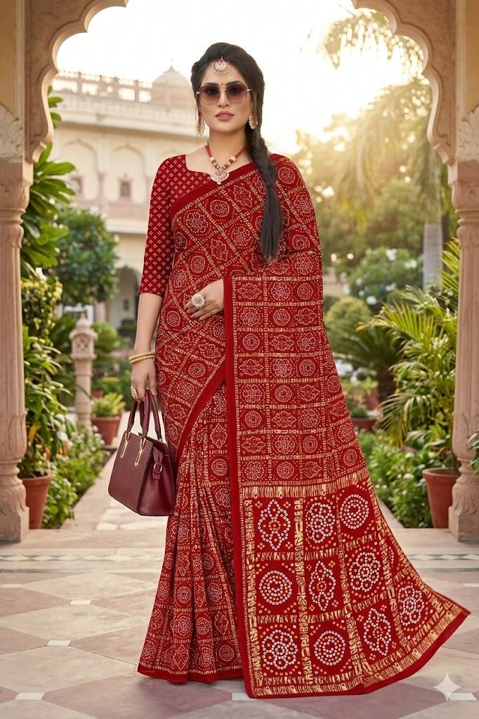 Estationeryhouse Bandhani Square Print Saree With Unstitched Blouse Piece - Maroon - View 1