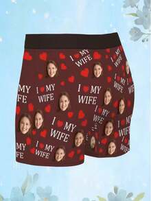Men's Custom Boxer Briefs With Printed Wife Photos And "I LOVE MY WIFE" Letter And Red Heart Pattern, Royal Blue Color, Made Of Soft Breathable - Burgundy - View 5